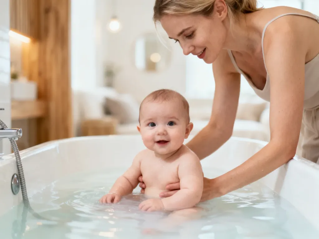Mama delikatnie kąpie niemowlę w wannie z mętną, krochmaloną wodą w jasnej, nowoczesnej łazience.