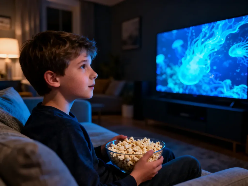 Chłopiec siedzący na kanapie w ciemnym salonie, oglądający film przy świetle bijącym z ekranu telewizora.