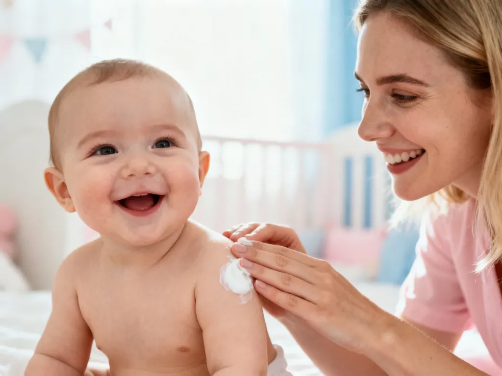 Mama delikatnie nakłada krem na skórę uśmiechniętego niemowlęcia w przytulnym pokoju dziecięcym.