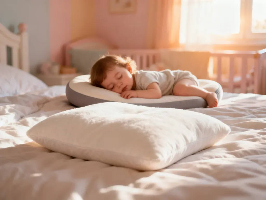 Trzylatek śpiący spokojnie na miękkiej, ergonomicznej poduszce w przytulnym, jasnym pokoju dziecięcym.
