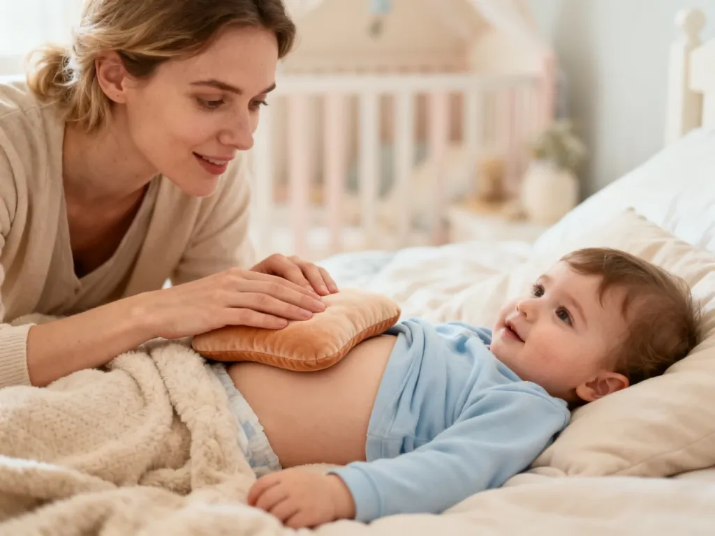Mama kładzie ciepły termofor z pestek wiśni na brzuszku dziecka, przynosząc mu ulgę w bólu w przytulnej sypialni.