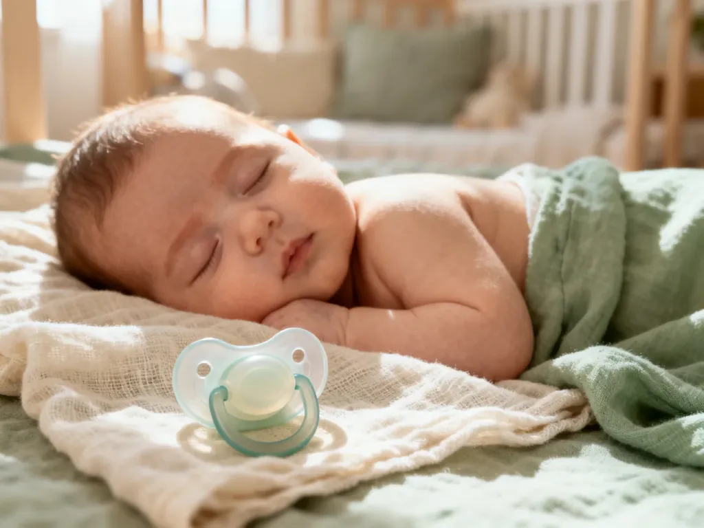Śpiący noworodek obok ortodontycznego smoczka na muślinowym kocyku w przytulnym pokoju dziecięcym.