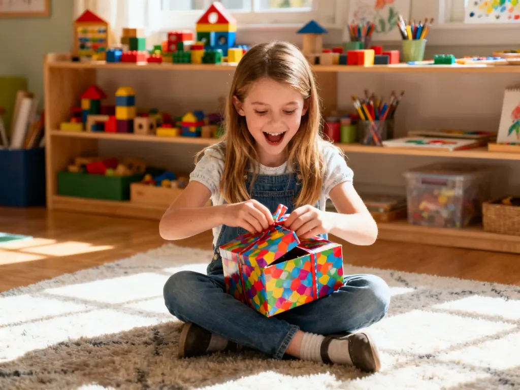 Ośmioletnia dziewczynka z radością rozpakowuje kolorowy prezent w przytulnym pokoju pełnym zabawek edukacyjnych.